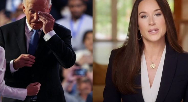 split image showing Joe Biden wiping his eye with a tissue on the left and conservative