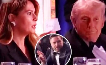 donald Trump and a woman in formal attire at a gala dinner, with an inset showing a man