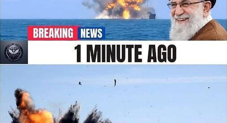 breaking news banner with explosion over water, photo of Ayatollah Khamenei, and