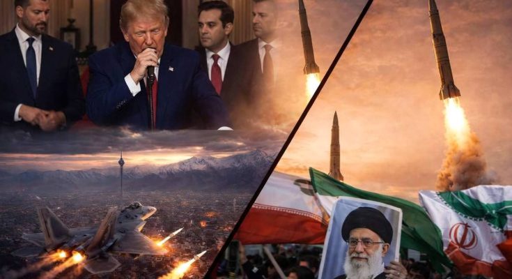 split-screen composite showing Donald Trump at microphone with officials, F-35 fighter