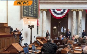 state representative speaks at podium in ornate legislative chamber with American flag