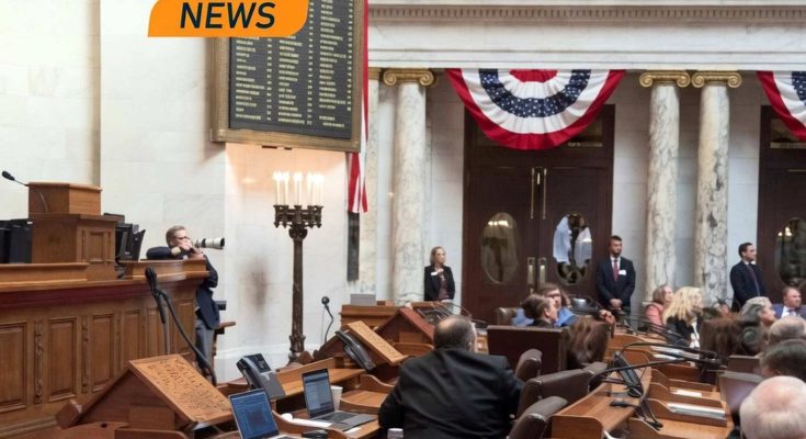 state representative speaks at podium in ornate legislative chamber with American flag