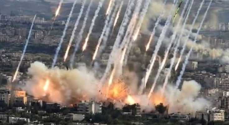 multiple rocket launchers firing simultaneously over a densely populated city, with thick