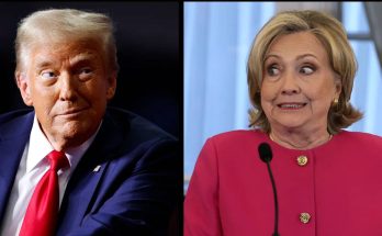 donald Trump in navy suit with red tie beside Hillary Clinton in magenta jacket at