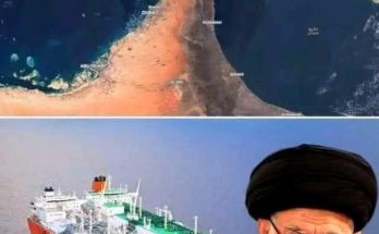 satellite view of Strait of Hormuz above, Iranian leader portrait with LNG tankers below