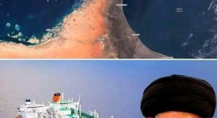 satellite view of Strait of Hormuz above, Iranian leader portrait with LNG tankers below