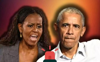 michelle Obama speaking emphatically beside Barack Obama with alarm icon overlay