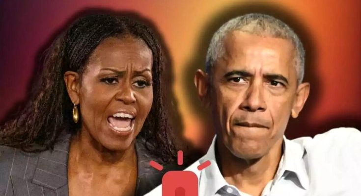 michelle Obama speaking emphatically beside Barack Obama with alarm icon overlay