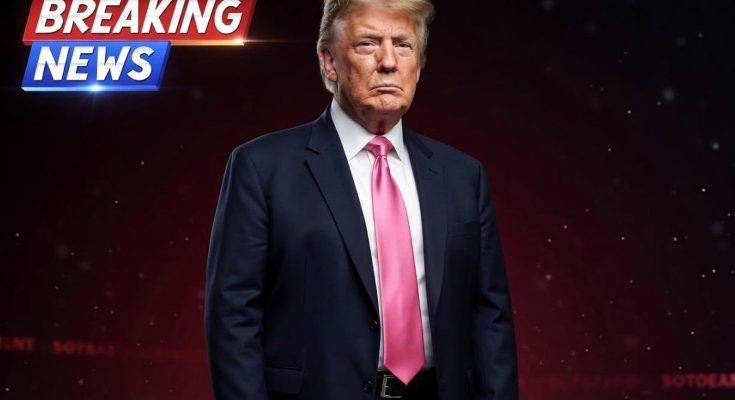 donald Trump in dark suit and pink tie against red background with Breaking News graphic