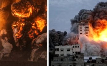 split image showing massive fireballs from explosions at night and a burning residential