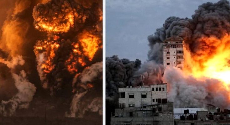split image showing massive fireballs from explosions at night and a burning residential