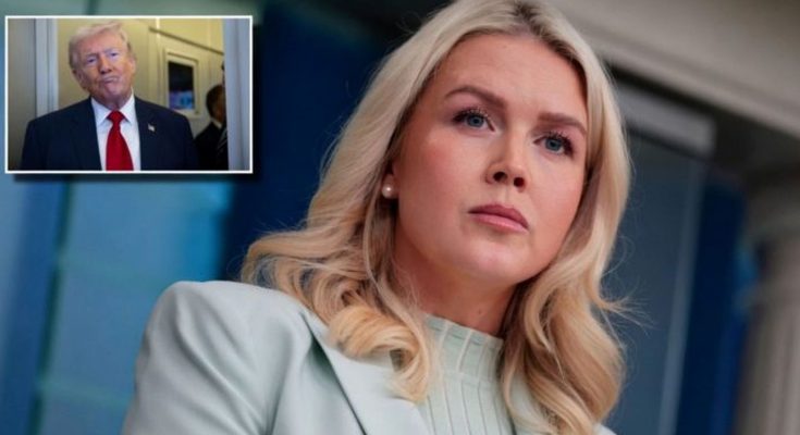 blonde woman in light green blazer at podium with inset image of Donald Trump in suit