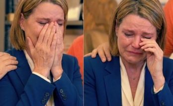 split image of a woman in a blue blazer crying with hands covering her face, then wiping