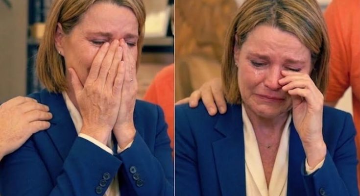 split image of a woman in a blue blazer crying with hands covering her face, then wiping