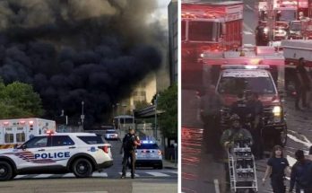 split image showing DC Police SUV near massive black smoke plume and firefighters with
