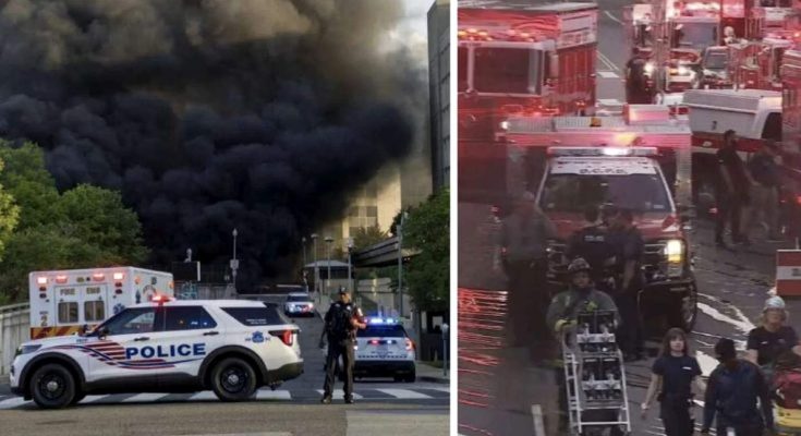 split image showing DC Police SUV near massive black smoke plume and firefighters with