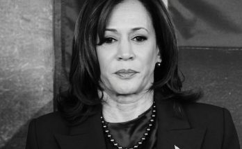 vice President Kamala Harris wearing dark blazer, pearl necklace, and American flag pin