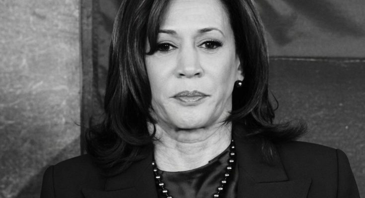 vice President Kamala Harris wearing dark blazer, pearl necklace, and American flag pin