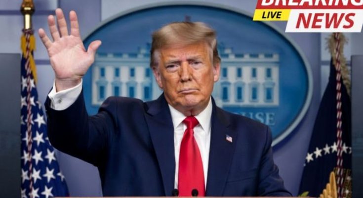 donald Trump raises right hand at White House podium with Breaking News Live banner