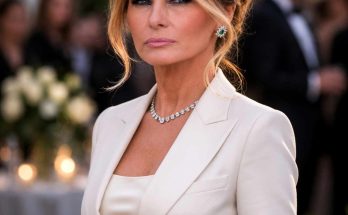 melania Trump wearing cream blazer with diamond necklace and emerald earrings at formal