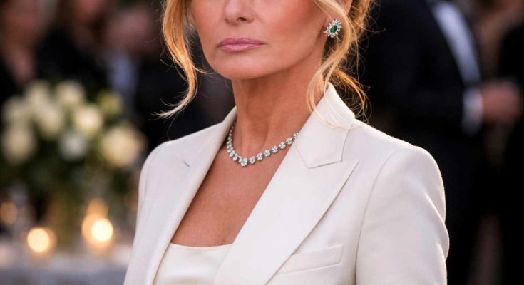 melania Trump wearing cream blazer with diamond necklace and emerald earrings at formal