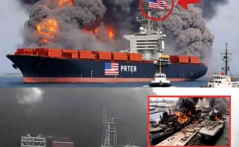 composite image shows burning container ship named PRTER with American flag, fighter