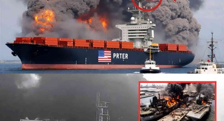 composite image shows burning container ship named PRTER with American flag, fighter