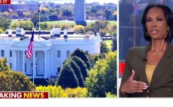 news anchor presenting breaking news with White House and Washington Monument visible in