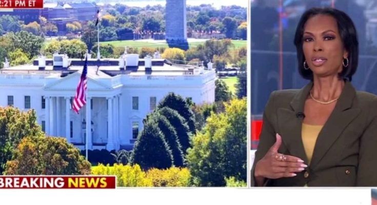 news anchor presenting breaking news with White House and Washington Monument visible in