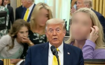 donald Trump speaking at podium with yellow tie in Oval Office setting with blurred