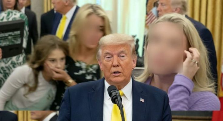 donald Trump speaking at podium with yellow tie in Oval Office setting with blurred