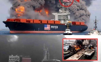 burning container ship named PRTER with American flag, Russian flag in corner, fighter