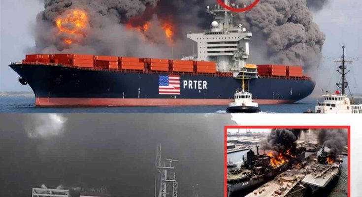 burning container ship named PRTER with American flag, Russian flag in corner, fighter