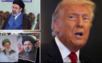 donald Trump speaking alongside images of Iranian cleric Mojtaba Khamenei and protest