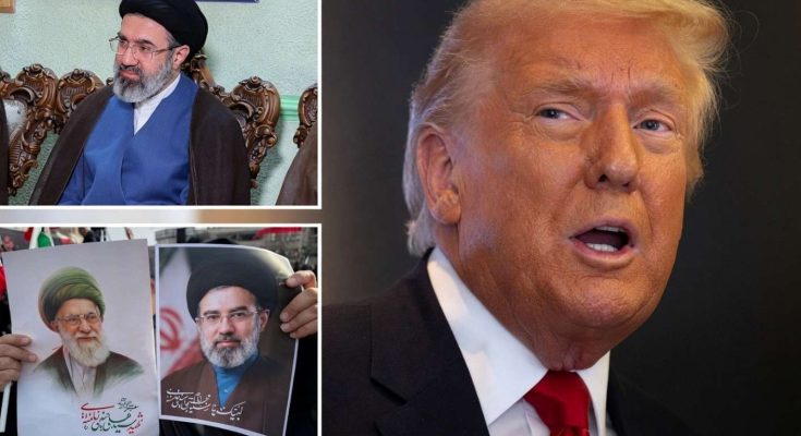 donald Trump speaking alongside images of Iranian cleric Mojtaba Khamenei and protest