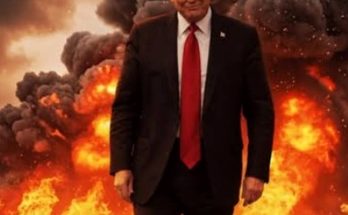 donald Trump in dark suit and red tie walking toward camera with massive fiery explosion