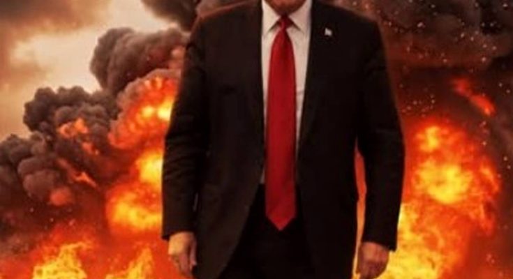 donald Trump in dark suit and red tie walking toward camera with massive fiery explosion