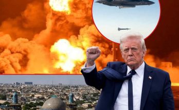 donald Trump raising fist with F-35 fighter jet dropping missile above Iranian city and