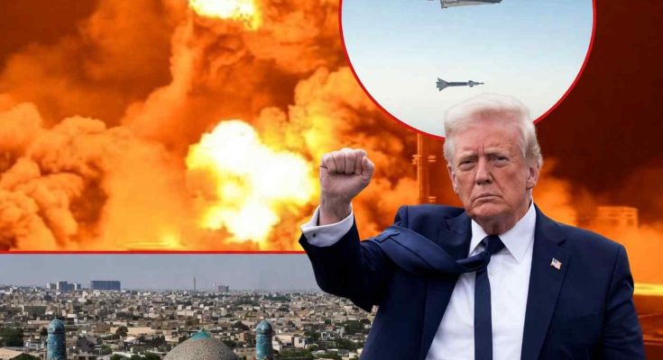donald Trump raising fist with F-35 fighter jet dropping missile above Iranian city and