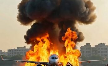 commercial jet airliner engulfed in massive flames and thick black smoke on airport runway