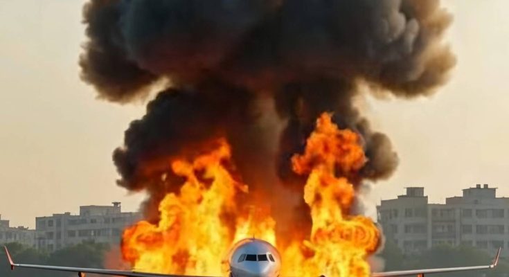 commercial jet airliner engulfed in massive flames and thick black smoke on airport runway