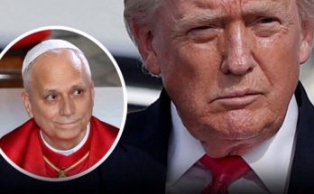 donald Trump in dark suit and red tie with inset circular portrait of Cardinal Robert