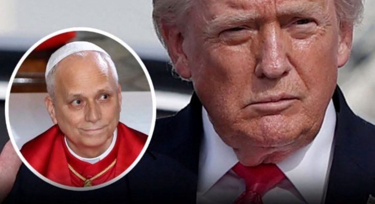 donald Trump in dark suit and red tie with inset circular portrait of Cardinal Robert