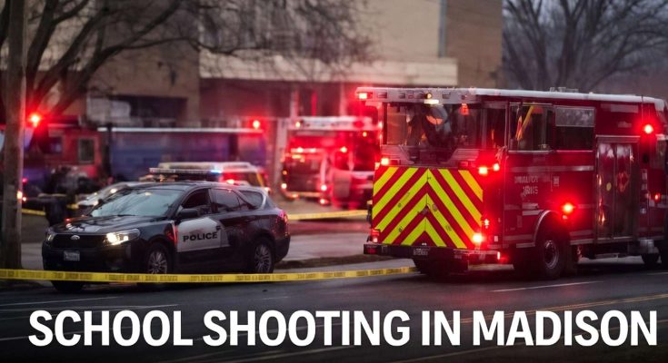 police cars and fire trucks with flashing red lights respond to emergency scene behind