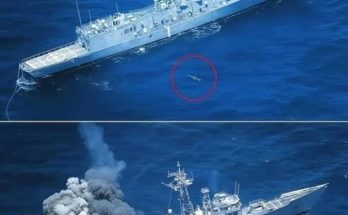 aerial view of a gray naval frigate before and after missile strike, showing explosion