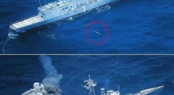 aerial view of a gray naval frigate before and after missile strike, showing explosion