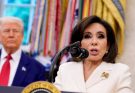 jeanine Pirro speaks at White House podium with Donald Trump standing behind her