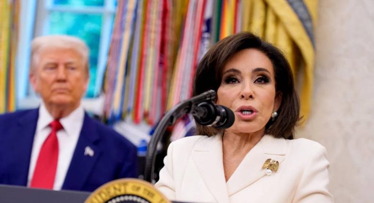 jeanine Pirro speaks at White House podium with Donald Trump standing behind her
