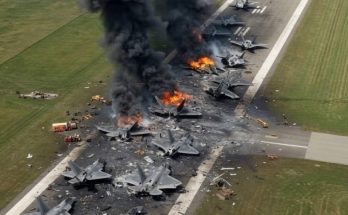 multiple F-22 fighter jets destroyed and burning on an airfield runway with thick black