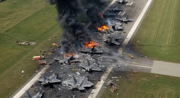 multiple F-22 fighter jets destroyed and burning on an airfield runway with thick black